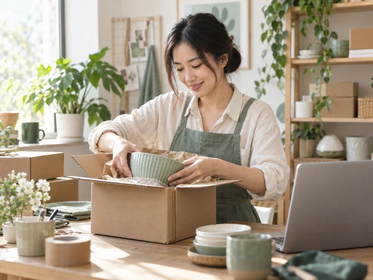 小型品牌经营者在工作室整理商品和包装订单的场景示意